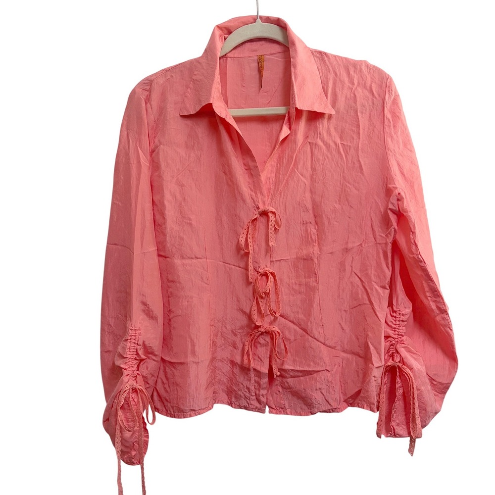 By Deep Los Angeles Silk Tie Front Blouse Boho Coral Pink Top Lace Trim L
